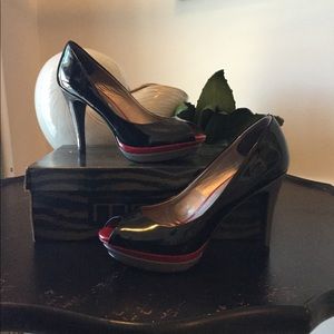 Patent Black Peekaboo Heels w/ Red & Gray Platform